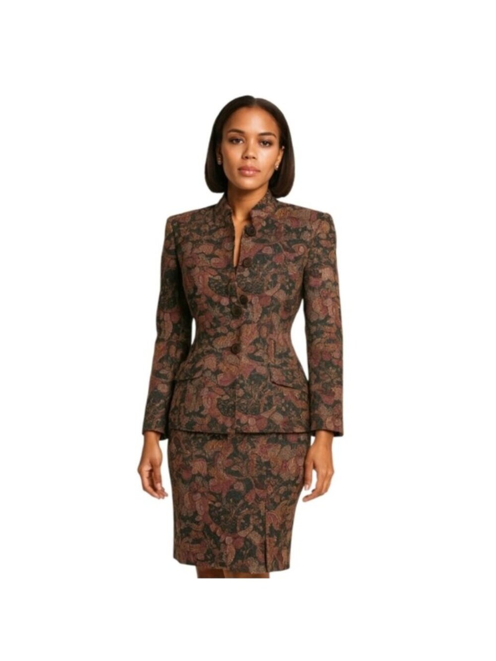 Cojana Rare Vintage Paisley Two Piece Skirt Suit Set Belted Blazer